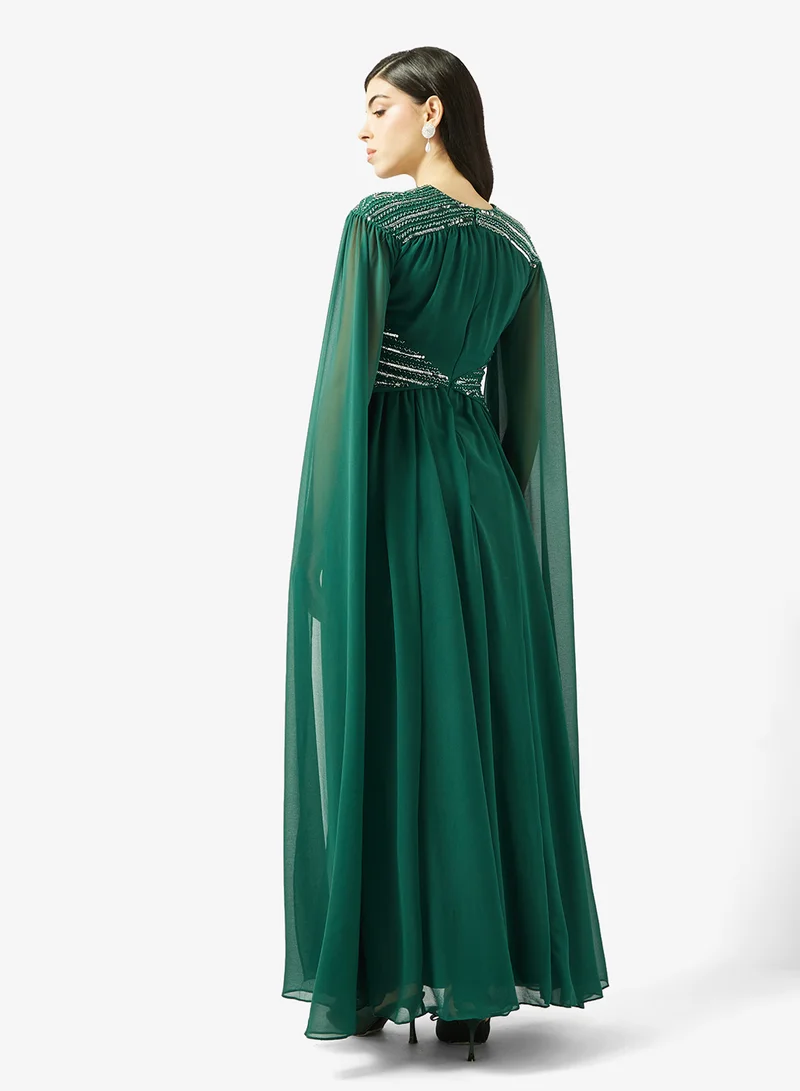 Amelia Rose Crew Neck Cape Sleeve Maxi Dress